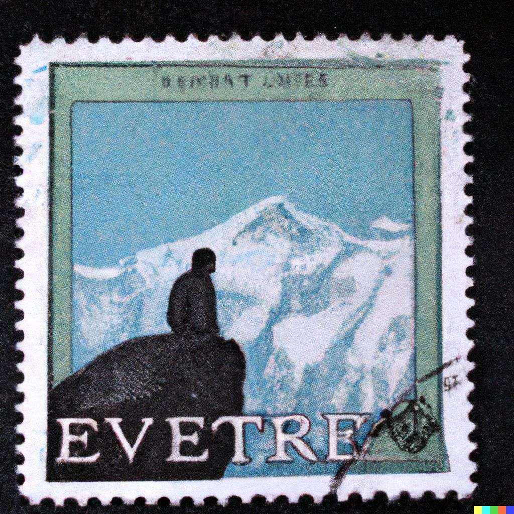 someone gazing at Mount Everest, postage stamp
